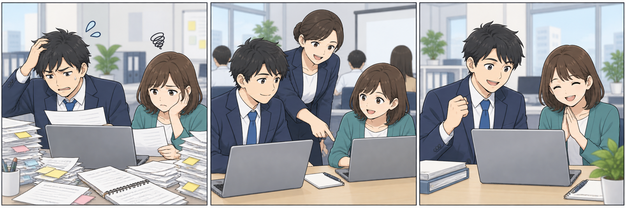 研修後にAI活用が続かない社員が、実務相談と成功例の共有を通じて使い方を定着させる3コマ漫画
