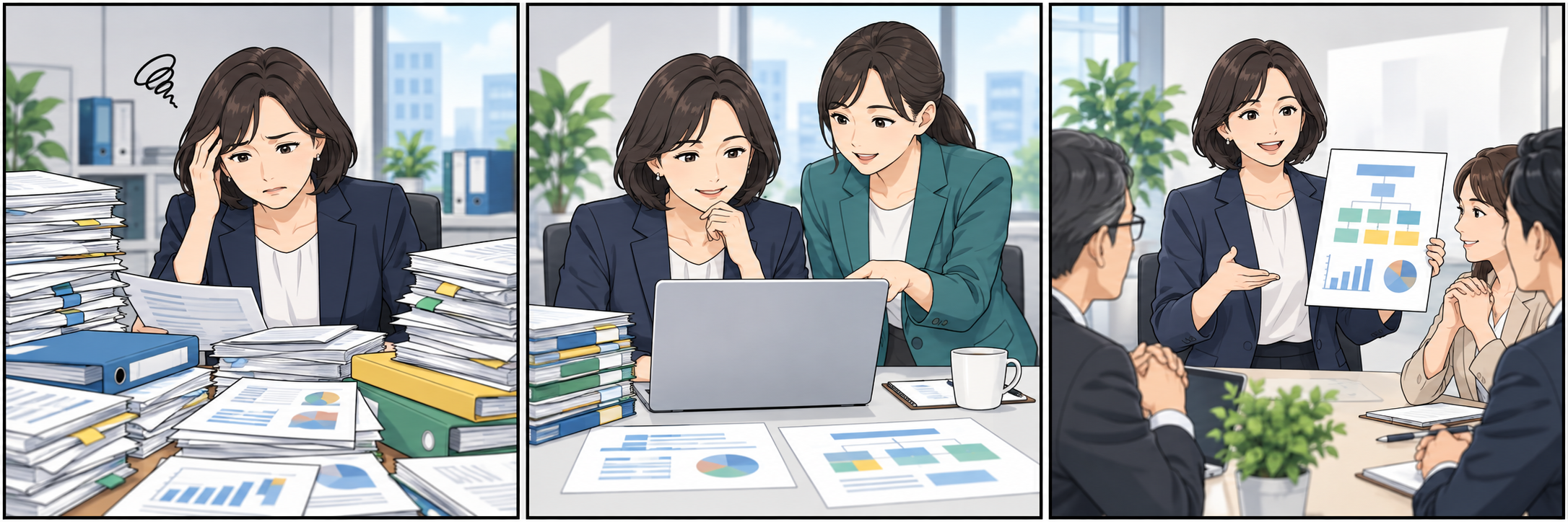 部門報告の読み合わせに時間がかかる役員が、報告フォーマットと会議論点づくりを練習する3コマ漫画