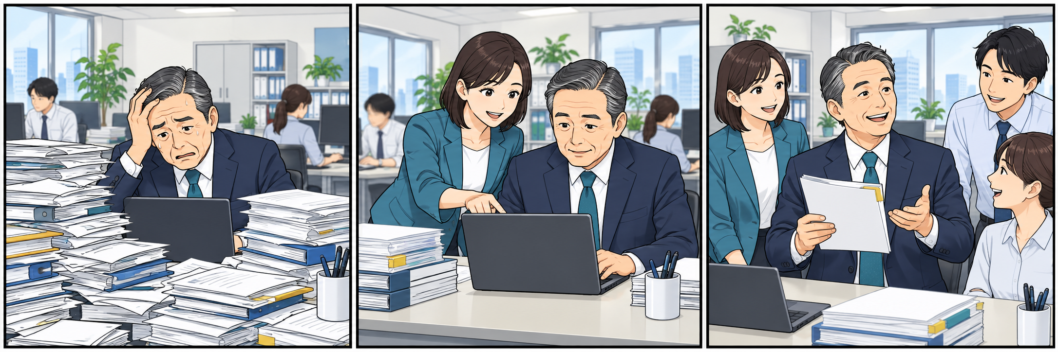 会議前の情報整理に悩む社長が、AIを使った下書きと確認の型を学び、対話の時間を確保する3コマ漫画