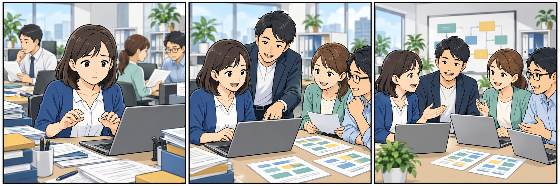 議事録整理に時間をかける社員が、要約と決定事項の整理を演習する3コマ漫画