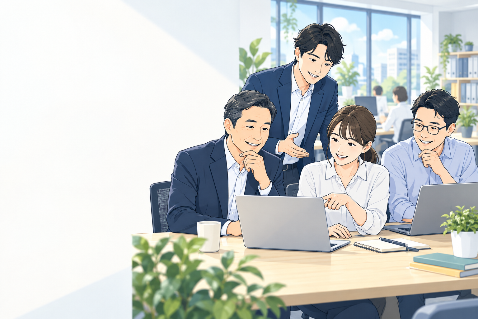 中小企業の社長、役員、社員がAI活用について話し合う様子