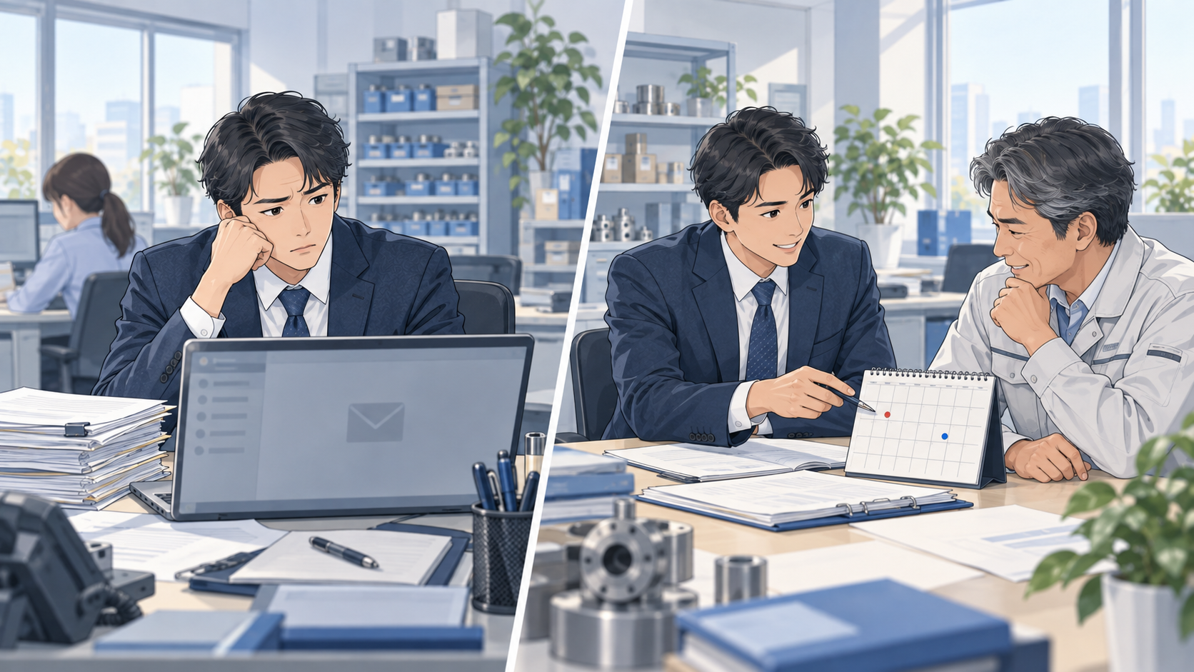 見積提出後に対応が止まっている状態と、次回確認日と判断条件を整理して案件表で共有する状態の比較