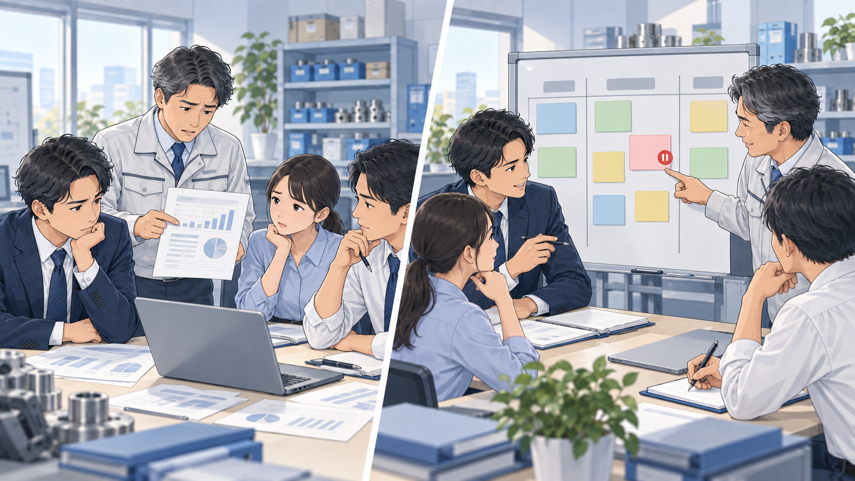 売上報告だけで終わる営業会議と、案件ごとの停滞理由と次の行動を決める会議の比較