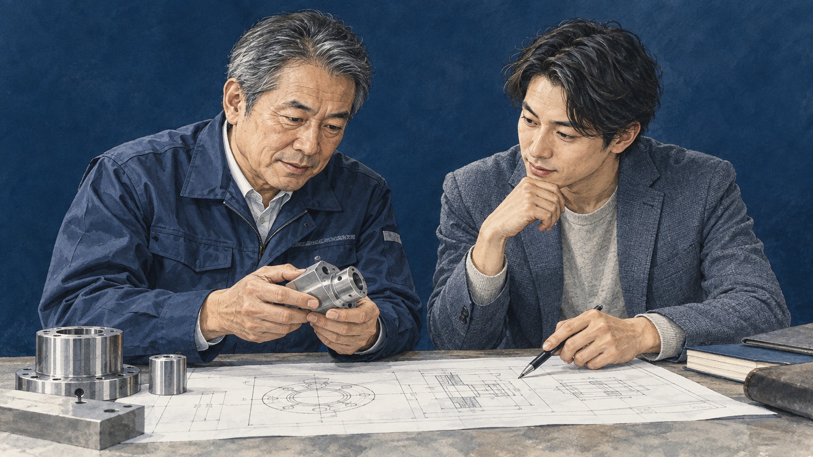 技術系企業の社長と経営相談者が図面と金属部品を見ながら話し合う様子
