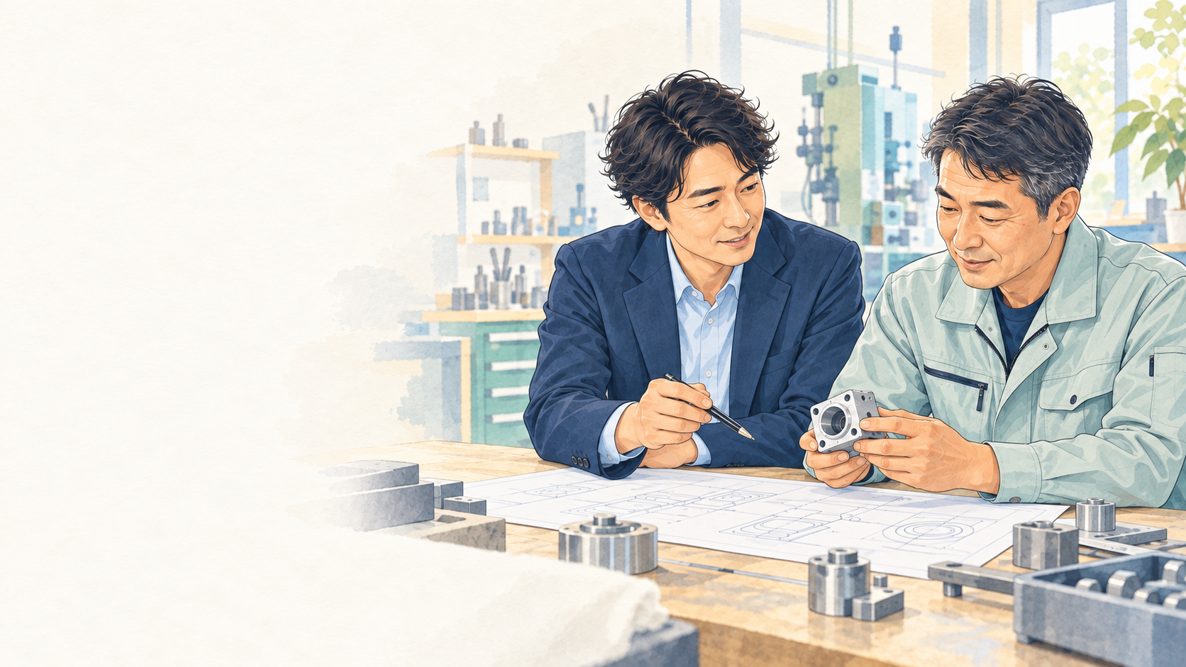 図面と製品を前に、経営と技術について対話する二人