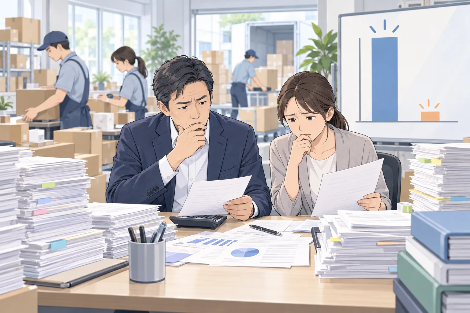 売上と利益の資料を前に、利益の残り方を確認する経営者と担当者
