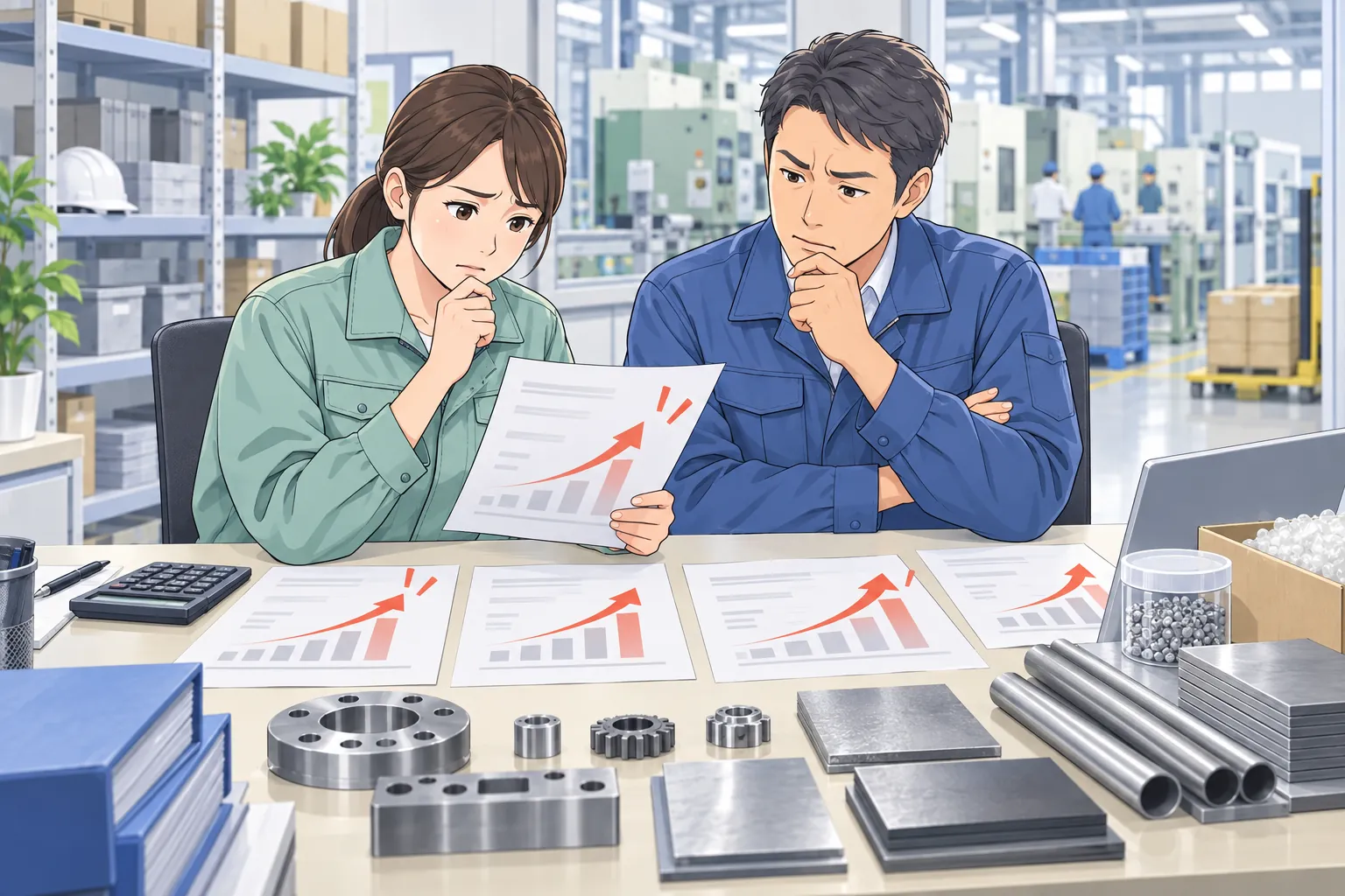 材料と見積書を見ながら、調達費用の上昇を確認する担当者