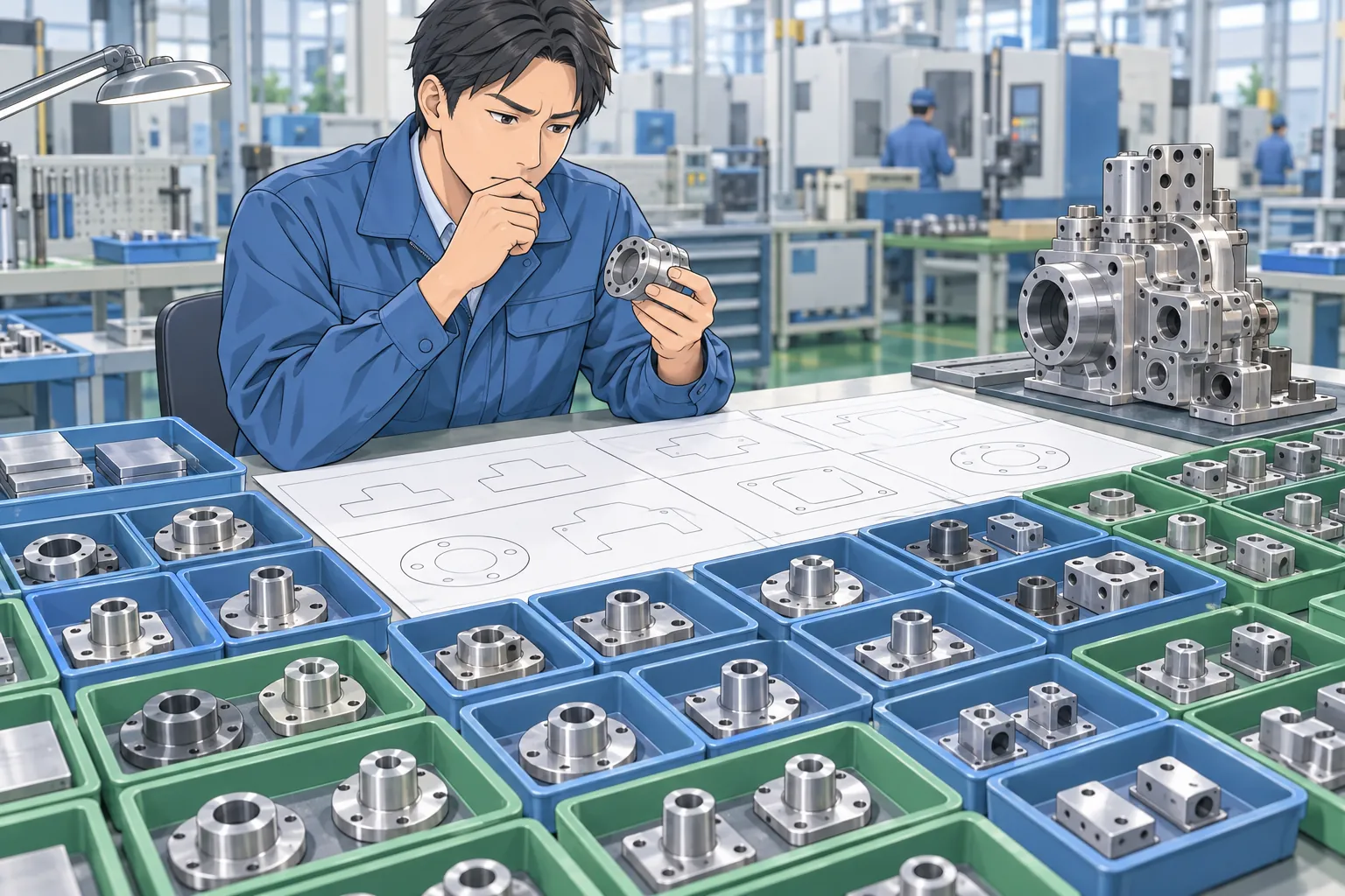 似た部品や仕様を確認しながら、製造の個別対応を進める担当者
