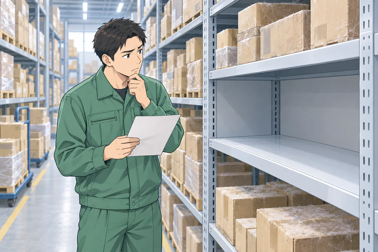 倉庫に積まれた在庫と不足している部品の棚を確認する担当者