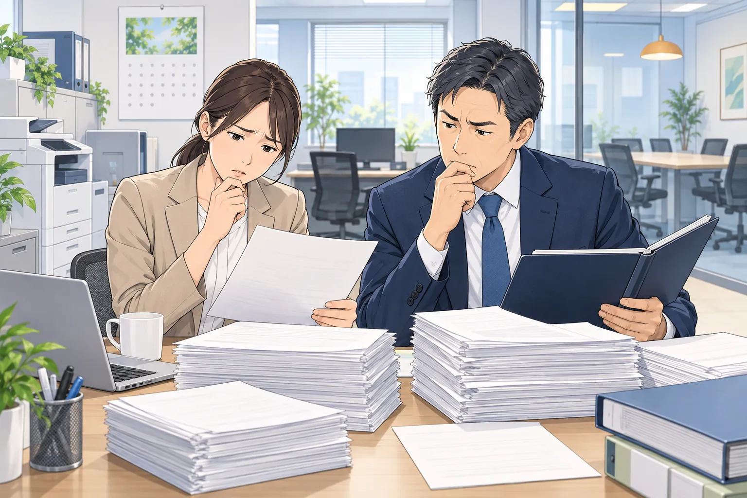 請求書と契約書類を前に、経費の見直しを考える担当者