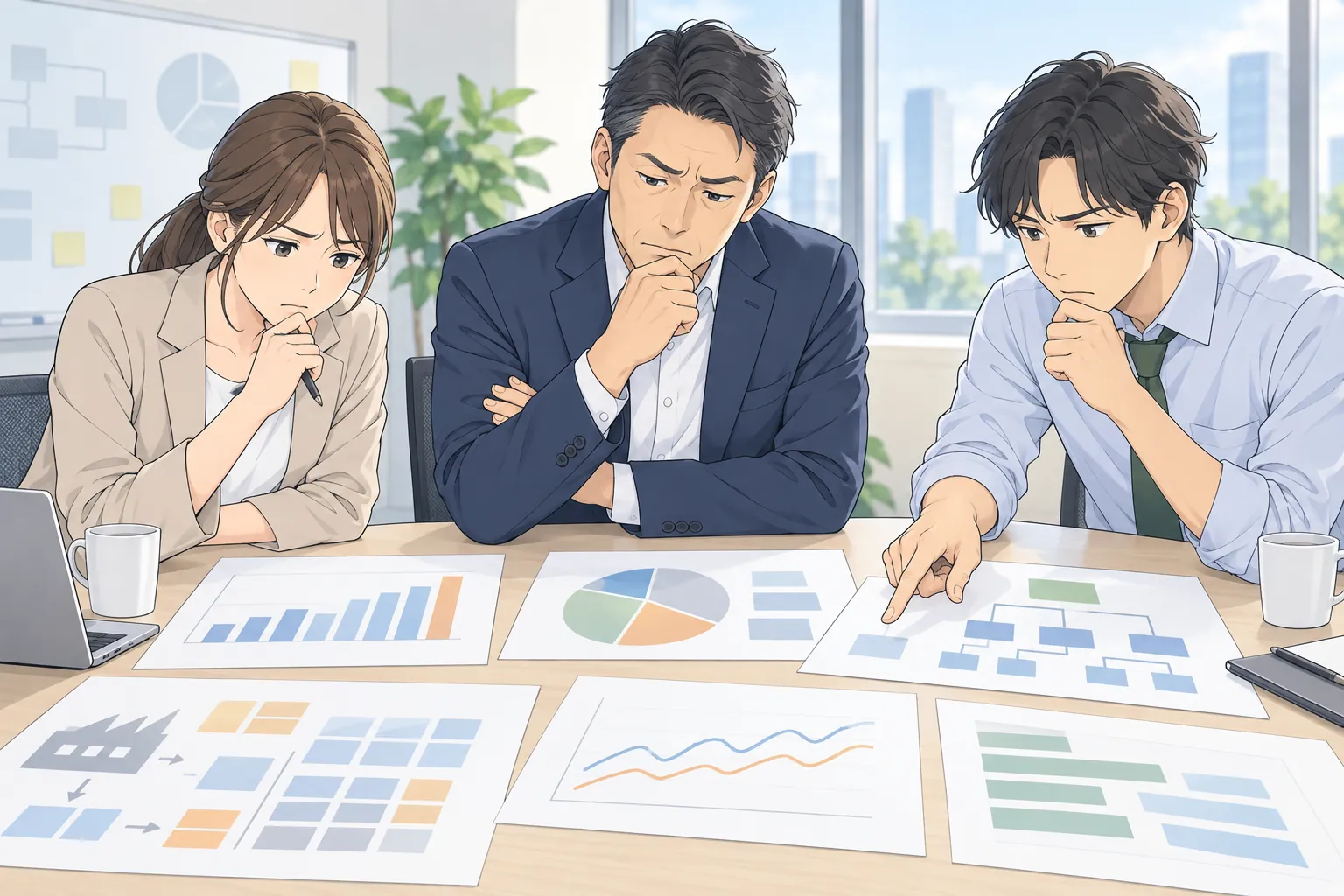 売上、在庫、現場の資料を並べ、優先順位を考える経営者