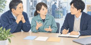 工場の従業員の話を聞き、経営者と中小企業診断士が現場の気がかりを整理するイラスト