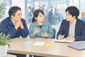 工場の従業員の話を聞き、経営者と中小企業診断士が現場の気がかりを整理するイラスト