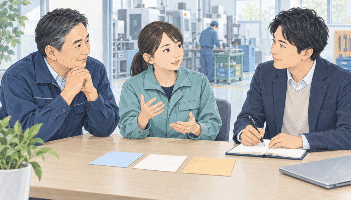 工場の従業員の話を聞き、経営者と中小企業診断士が現場の気がかりを整理するイラスト