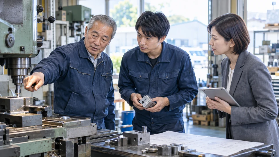町工場で、先代の経営者と次世代の後継者が支援者を交え、機械設備と作業手順を見ながら引継ぎを話し合う場面。世代間の事業承継を主題にする。