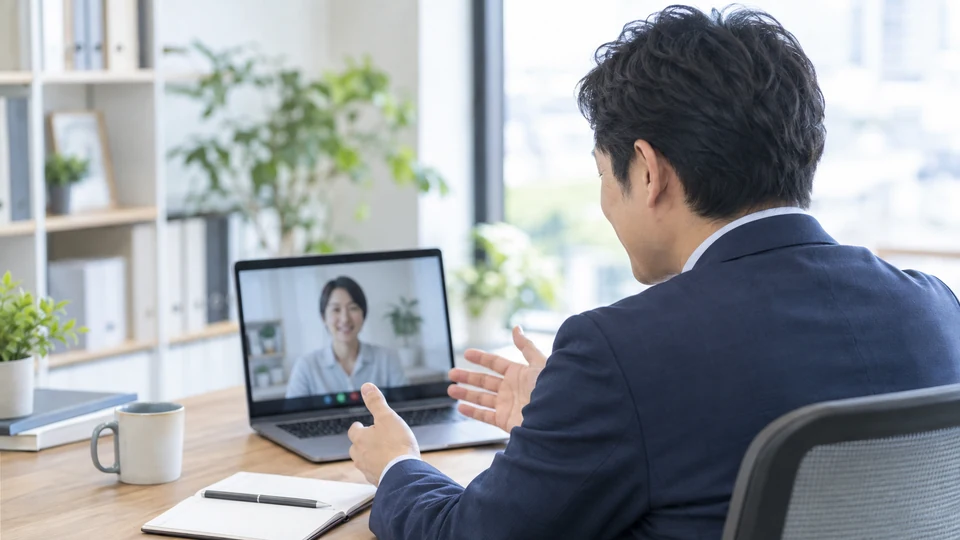 明るい事業所で経営者がノートPC越しの相談者とビデオ面談をする肩越し構図。画面は経営者側へ正しく向き、画面内は顔やロゴ文字を判読できない自然な表示。継続的なオンライン経営相談が伝わる。