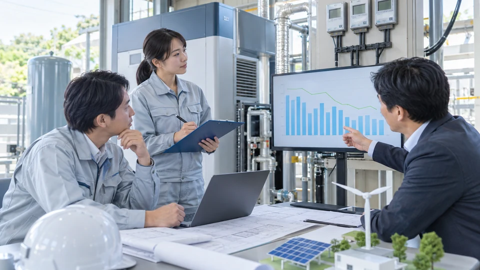 工場の設備担当者と支援者が、省エネ設備、電力計測器、無文字のエネルギー推移図を確認する場面。温室効果ガス削減と事業への生かし方を検討する。