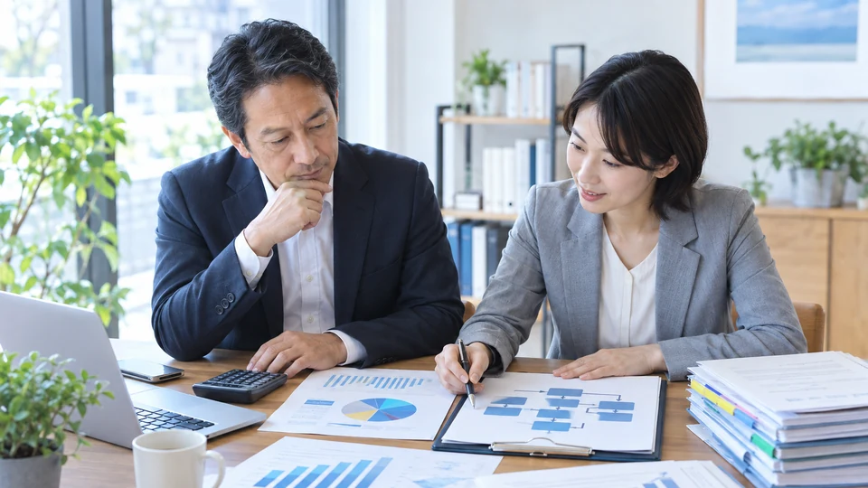 経営者が支援者と、無文字のキャッシュフロー図、改善計画の用紙、整理中の事業資料を机上で確認する場面。資金繰りと改善計画の整理が伝わる。