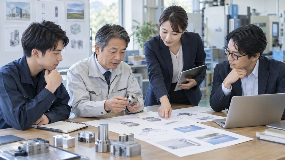 製造業の経営者と支援者が、次の事業展開を示す無文字の企画資料と小さな試作品を机上で確認する場面。新しい事業の方向性と計画づくりが伝わる。