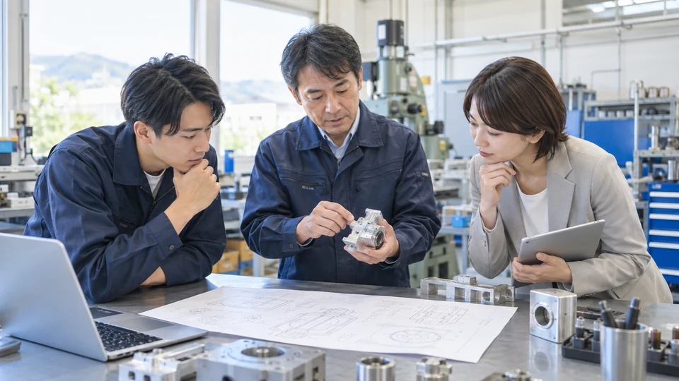 技術者と支援者が小さな工場の試験スペースで、設計図面に見える無文字の図と実験用の試作品を確認する場面。技術課題と投資判断の検討を表現する。