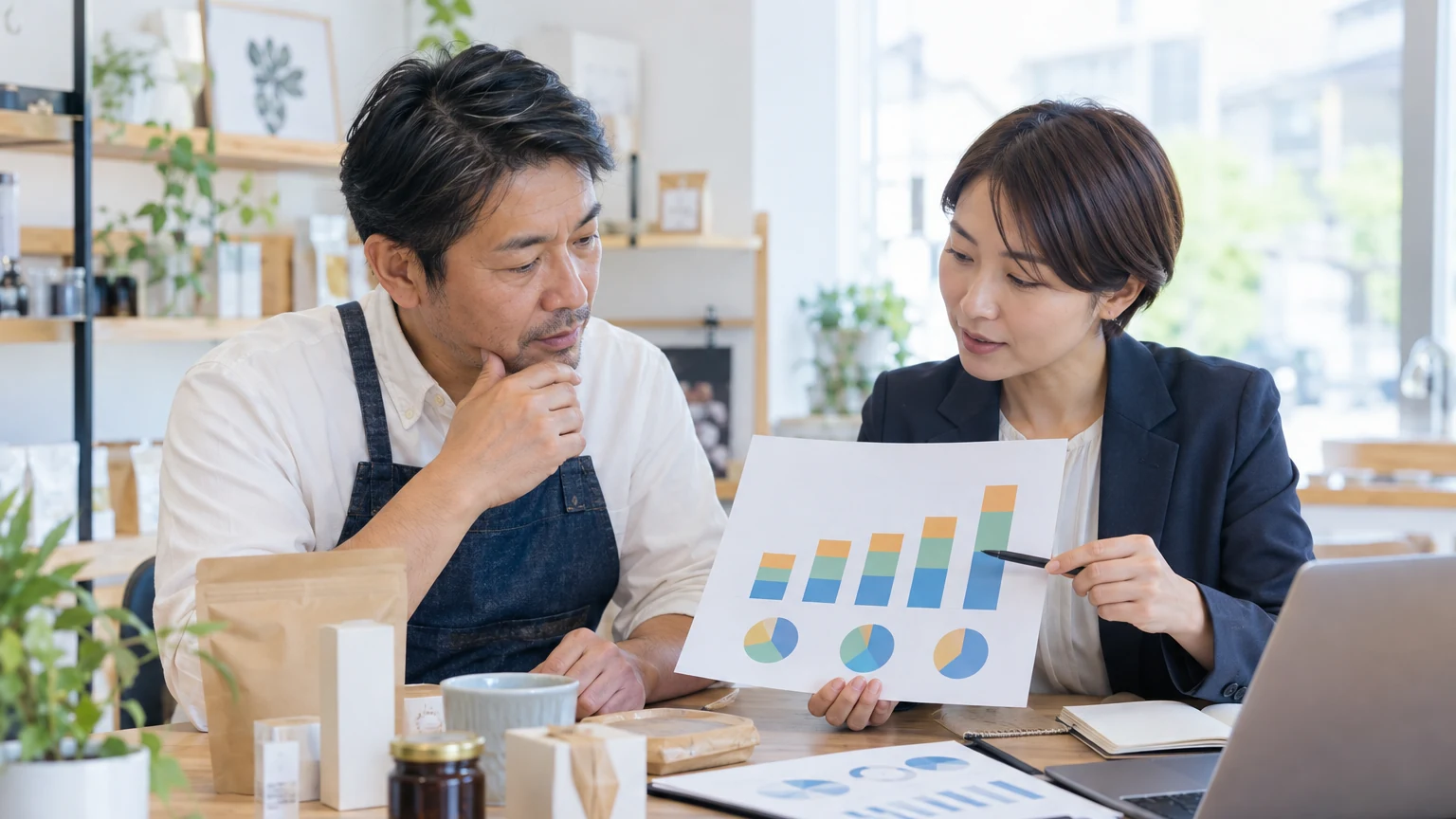 利益改善のために売上と原価を確認する経営者