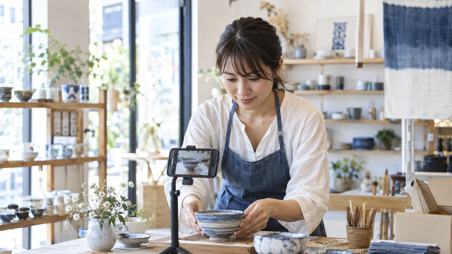 SNS発信用に商品の器をスマートフォンで撮影する店主